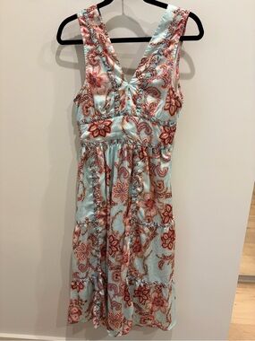 Sleeveless V-Neck Midi Dress in Aqua with Rust Floral Print